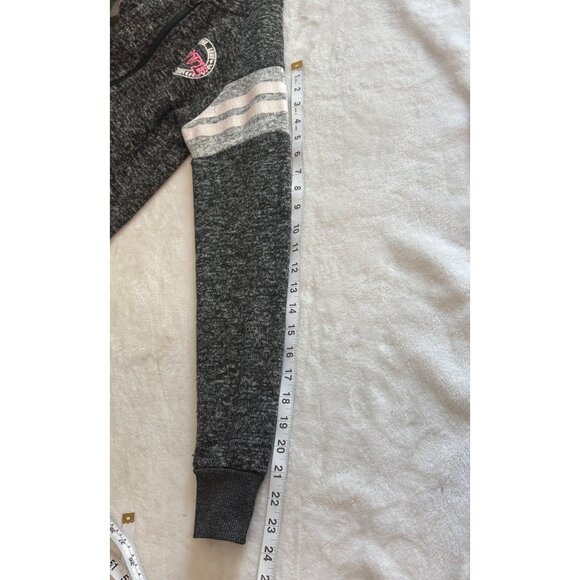 New Look Womens Gray & Pink Love Patch Cropped Zip-Up Hoodie W/ Striped Sleeves - Picture 12 of 13